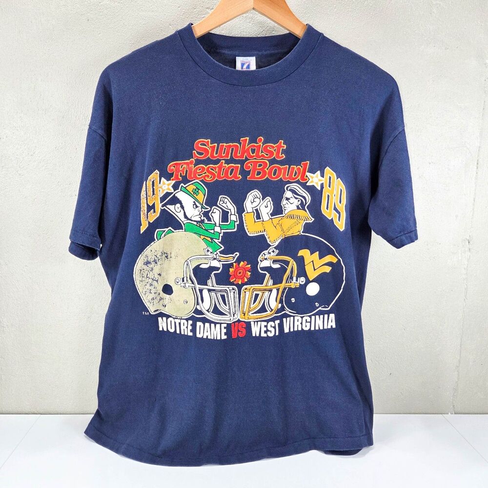 Vintage 80s Notre Dame WVU 1989 Fiesta Bowl Single Stitch Tee Sz XL